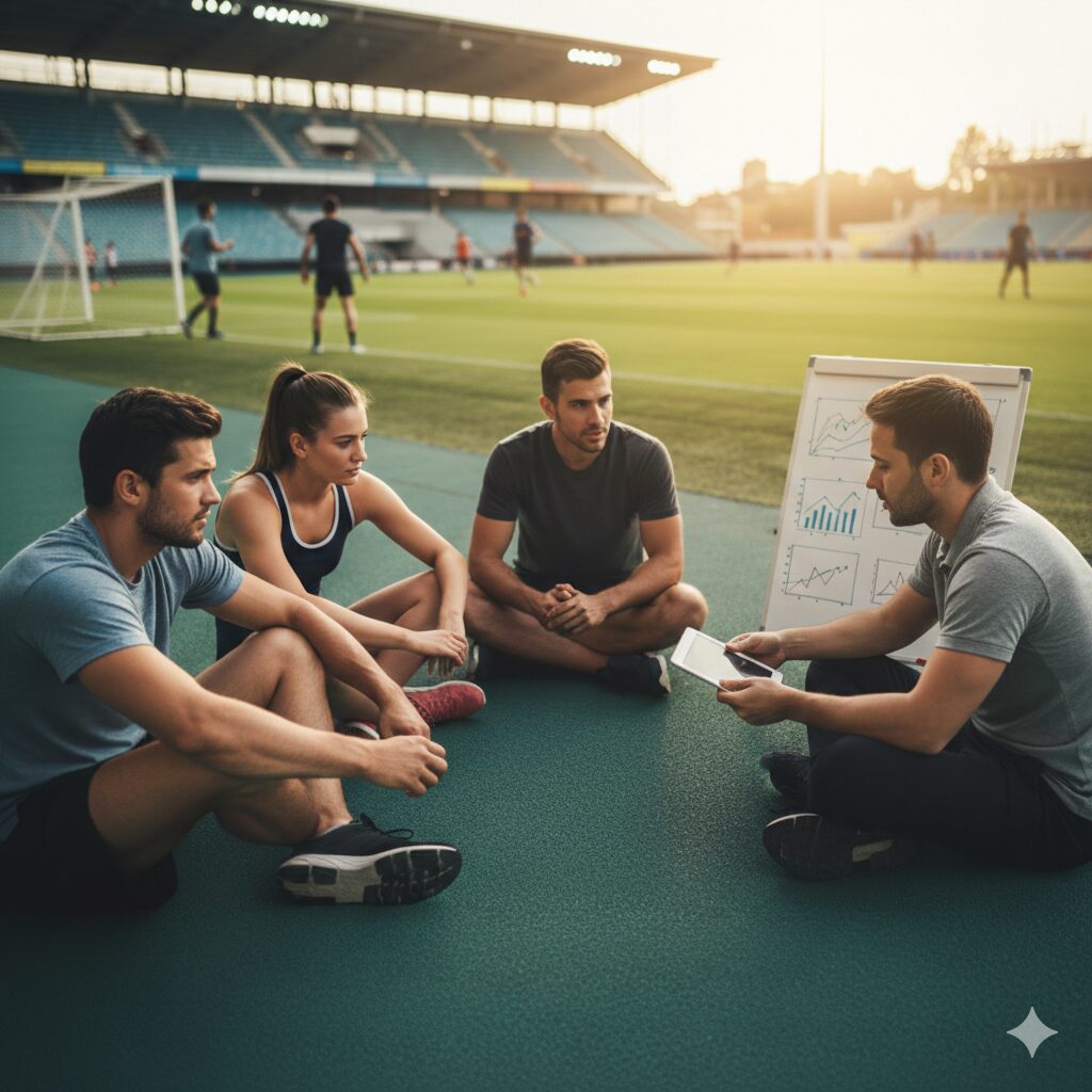 Treinador e equipe de base analisando táticas em campo