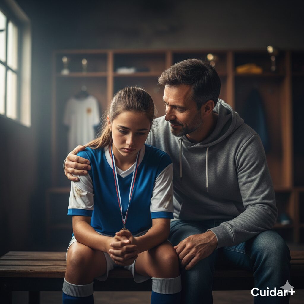 Pai acolhendo a filha atleta após uma competição