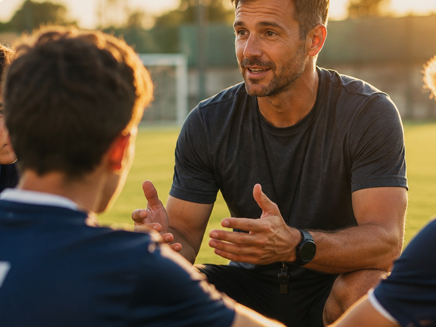 Treinador conversando com um grupo de jovens atletas na quadra